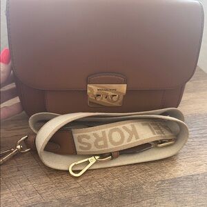 Michael Kors Tan Leather Crossbody with Logo Canvas Strap